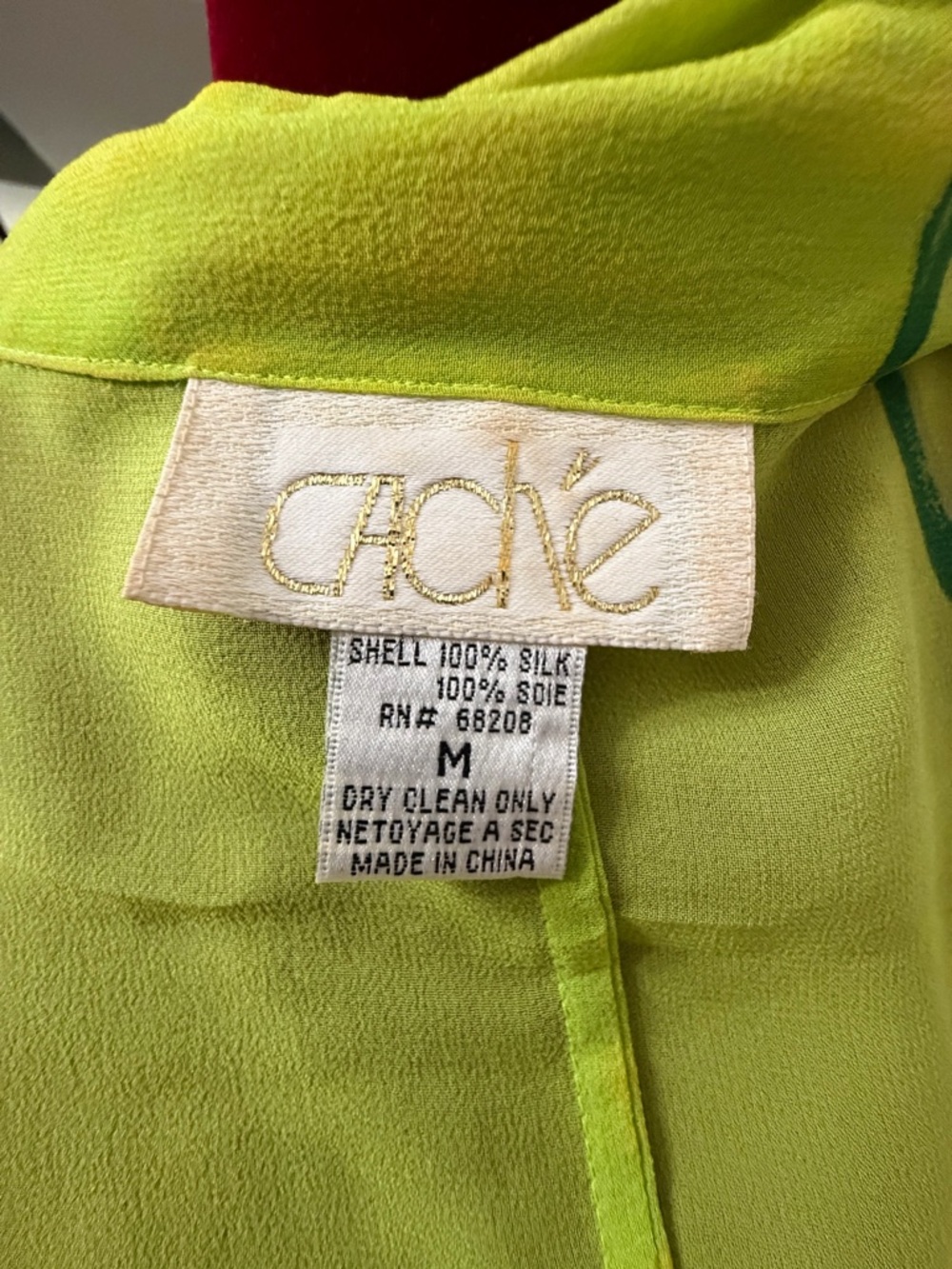 Vintage Caché 100% Silk Blouse M Lime Green Orange Poppy Floral Sheer Y2K 90s - Picture 8 of 8